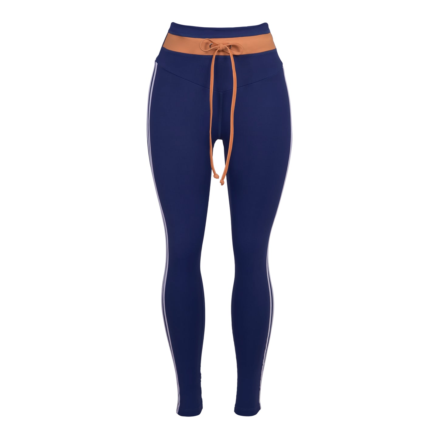 NAVY & ORANGE HIGH-WAISTED LEGGINGS WITH ADJUSTABLE DRAWSTRING AND SIDE STRIPES