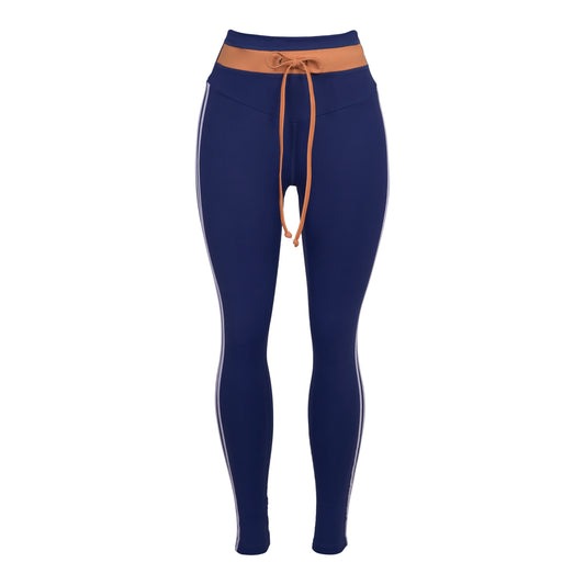NAVY & ORANGE HIGH-WAISTED LEGGINGS WITH ADJUSTABLE DRAWSTRING AND SIDE STRIPES