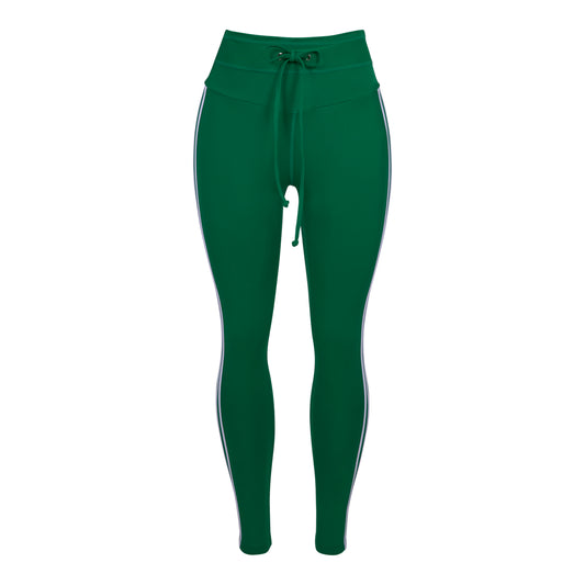 GREEN HIGH-WAISTED LEGGINGS WITH ADJUSTABLE DRAWSTRING AND SIDE STRIPES