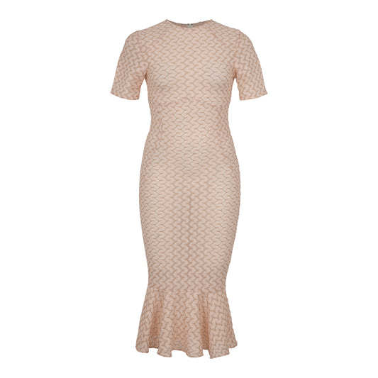 LONG BEIGE DRESS WITH GOLD SPARKLES AND HANDMADE LACE