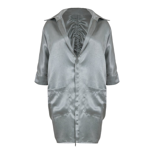 LONG JADE-GREY BLOUSE WITH A SATIN FINISH AND ELEGANTSILHOUETTE