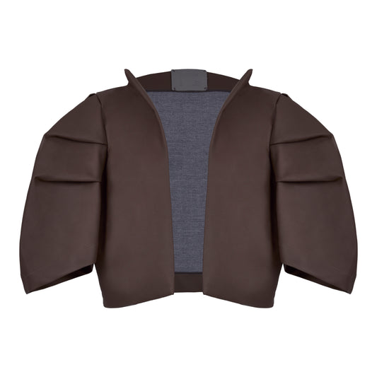 STRUCTURED BROWN JACKET WITH BOLD SLEEVES AND AVANT-GARDE DESIGN